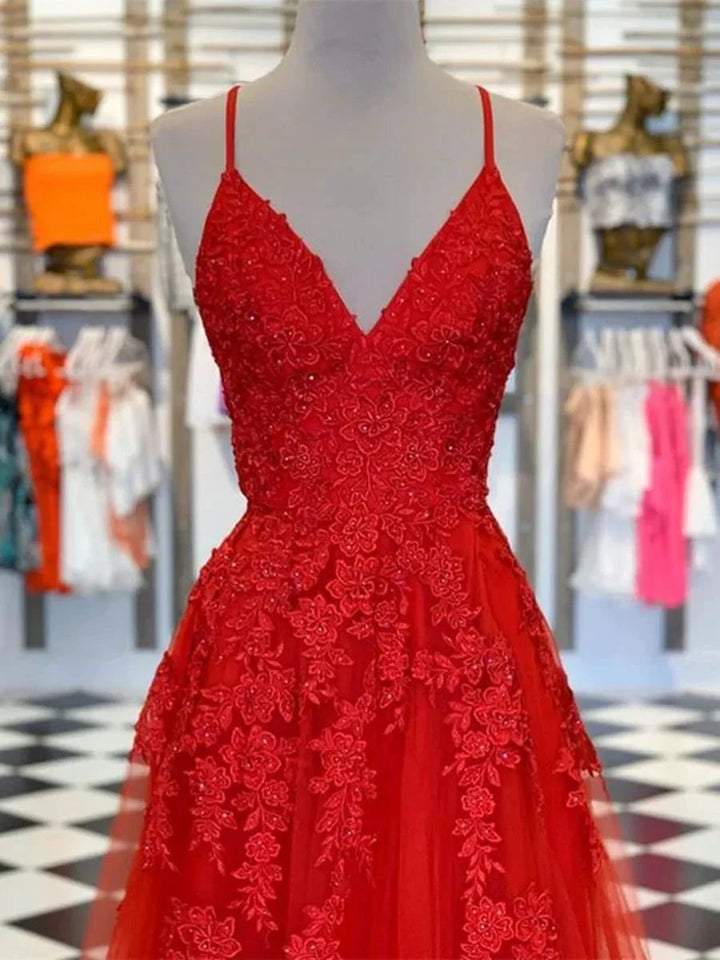 Elegant Red Long A Line V Neck Tulle Lace Formal Graduation Prom Dresses by BIZTUNNEL
