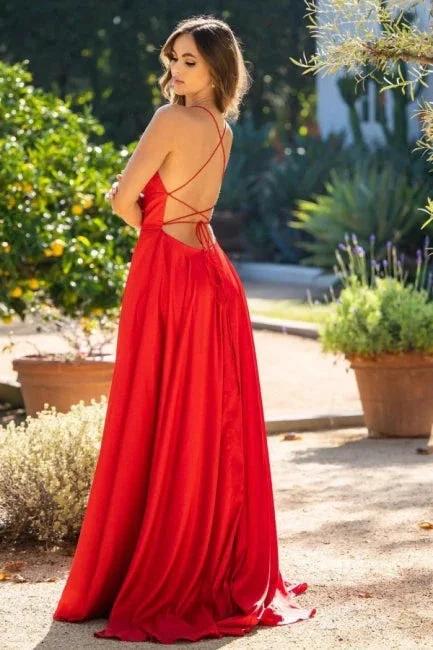 Elegant Red Spaghetti Straps Sleeveless Column Satin Prom Dresses with Ruffles by misshow.com