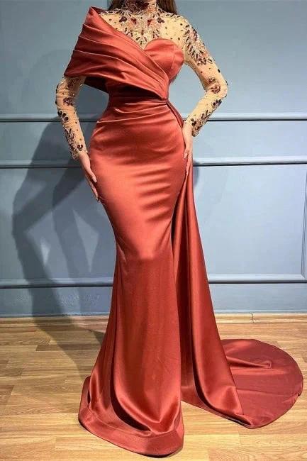 Elegant Russet One Shoulder Stretch Satin Prom Dress with Ruffles by misshow.com