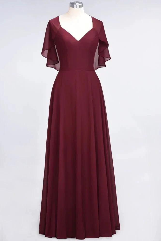 Elegant Satin V-Neck Short Sleeve Princess Bridesmaid Dress Ruffle Chiffon Wedding Guest Dress by misshow.com
