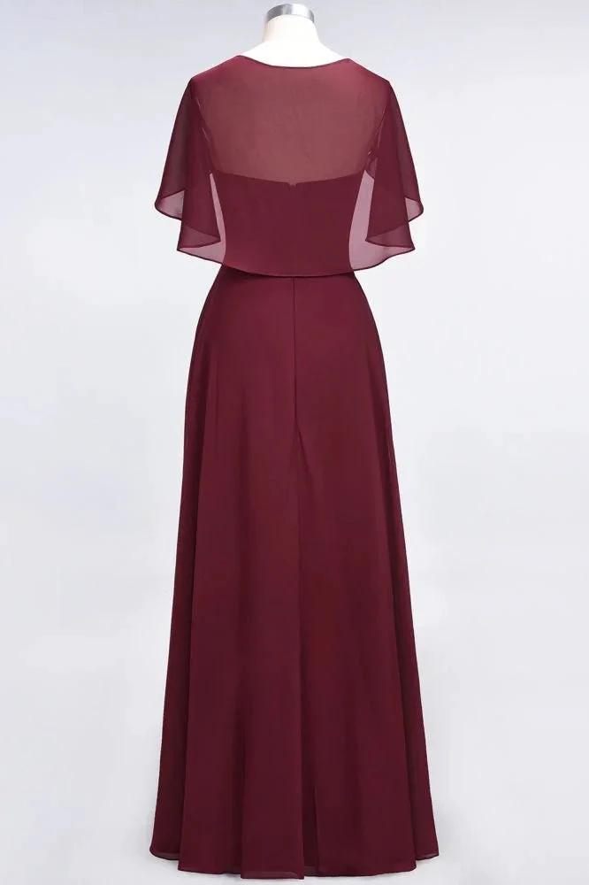 Elegant Satin V-Neck Short Sleeve Princess Bridesmaid Dress Ruffle Chiffon Wedding Guest Dress by misshow.com