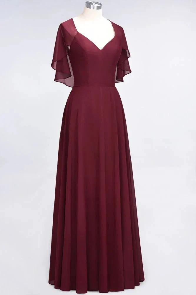 Elegant Satin V-Neck Short Sleeve Princess Bridesmaid Dress Ruffle Chiffon Wedding Guest Dress by misshow.com