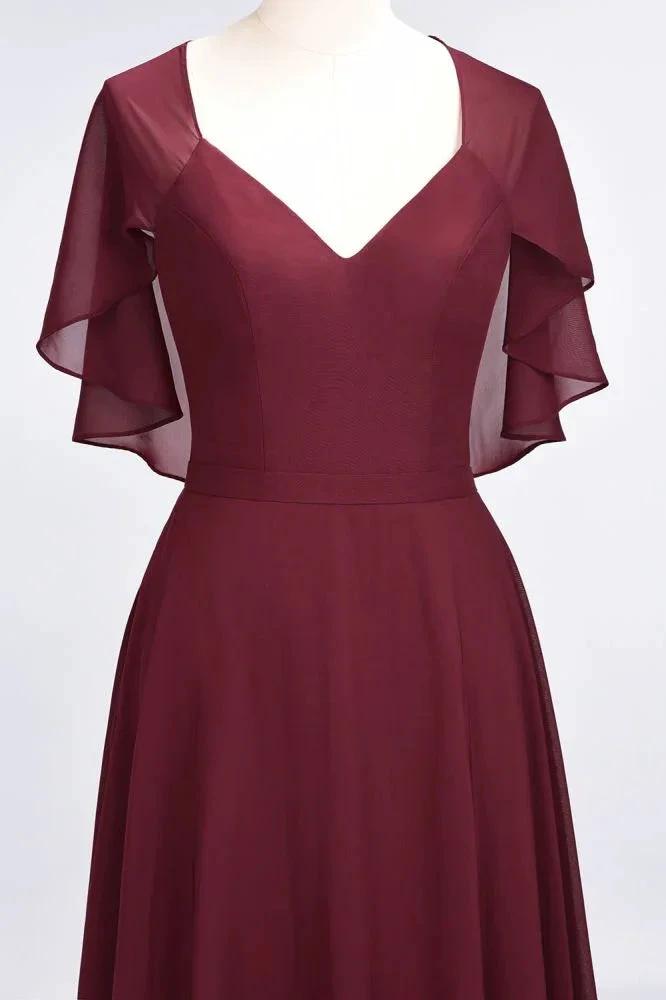 Elegant Satin V-Neck Short Sleeve Princess Bridesmaid Dress Ruffle Chiffon Wedding Guest Dress by misshow.com