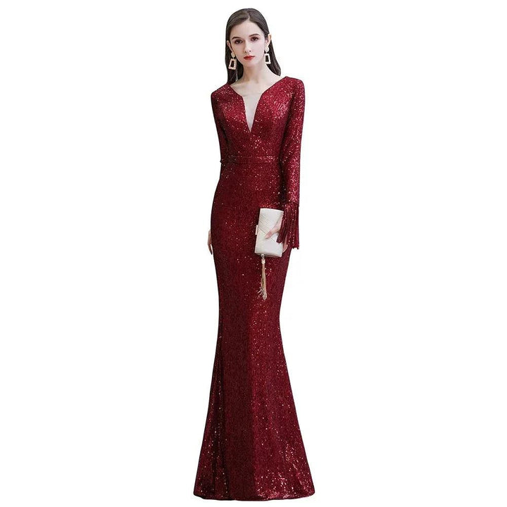 Elegant Sequined Burgundy V-Neck Mermaid Cocktail Party Dress Floor Length by misshow.com