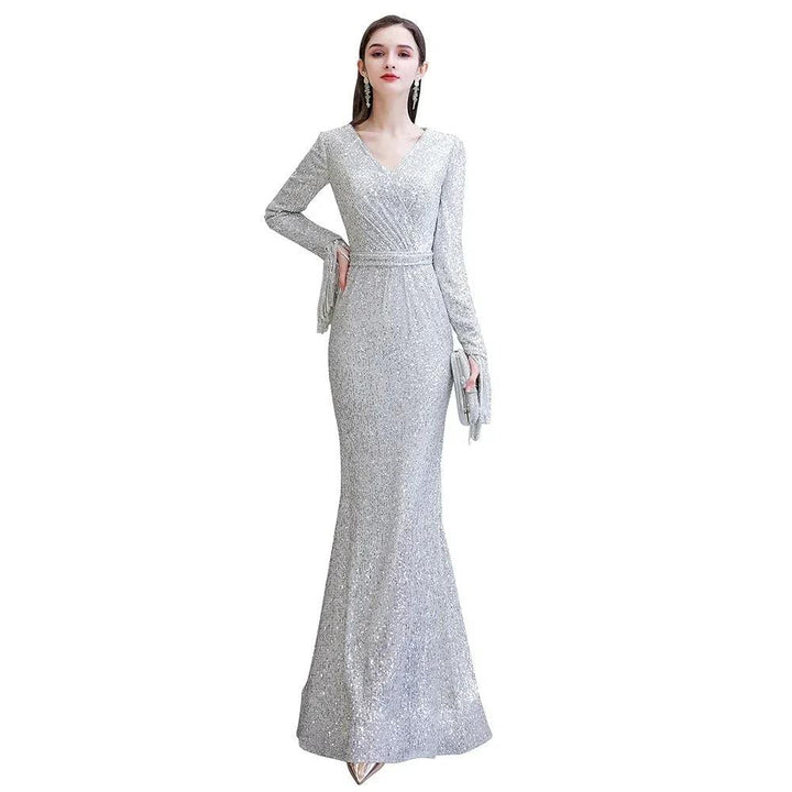 Elegant Sequined Burgundy V-Neck Mermaid Cocktail Party Dress Floor Length by misshow.com