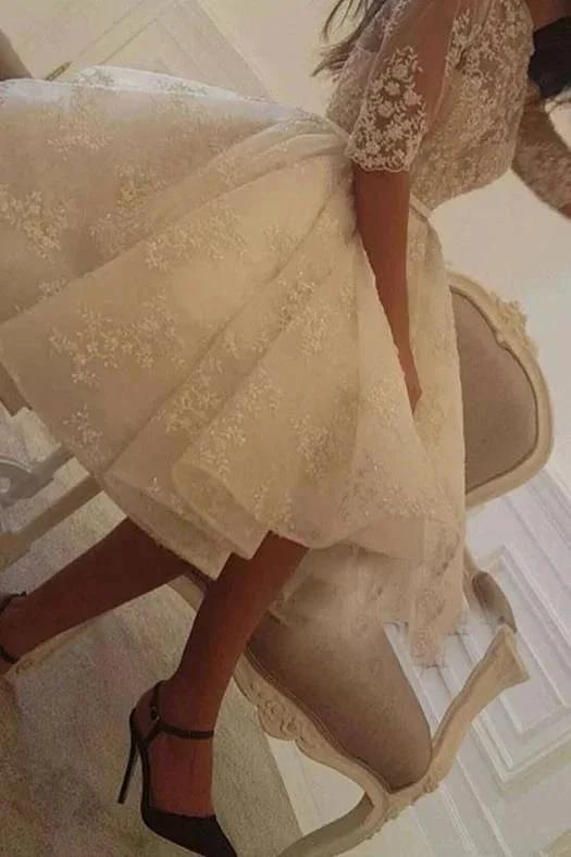 Elegant Short A-line Jewel Tulle Lace Wedding Dress with Sleeves by BIZTUNNEL