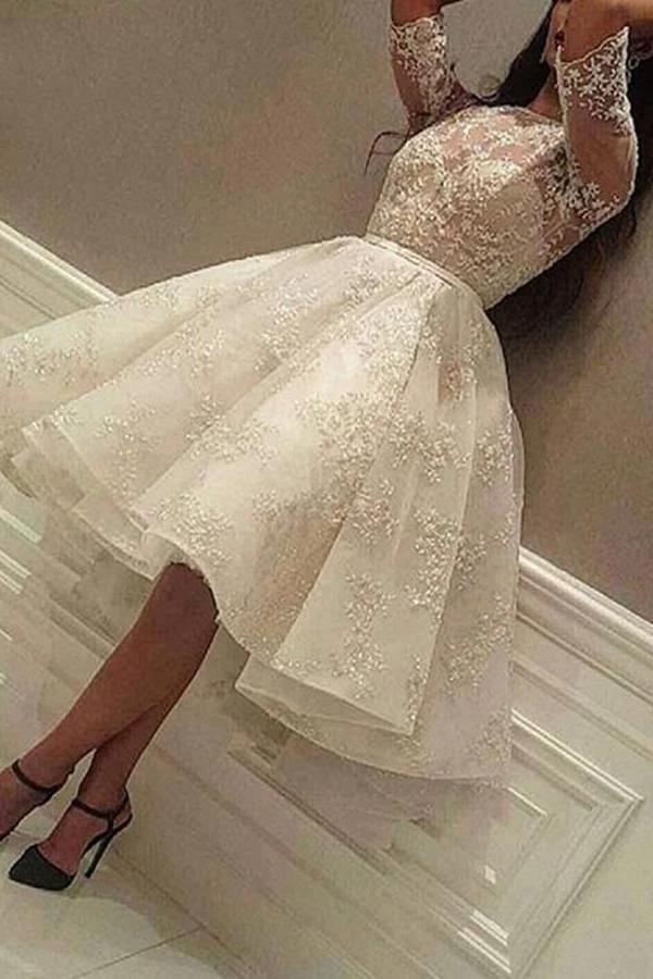 Elegant Short A-line Jewel Tulle Lace Wedding Dress with Sleeves by BIZTUNNEL