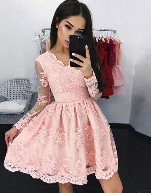 Elegant Short A Line Lace Homecoming Dresses with Sleeves by BIZTUNNEL