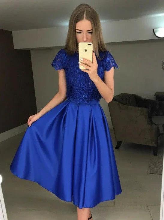 Elegant Short A-line Stain Lace Prom Dress with Sleeves by BIZTUNNEL