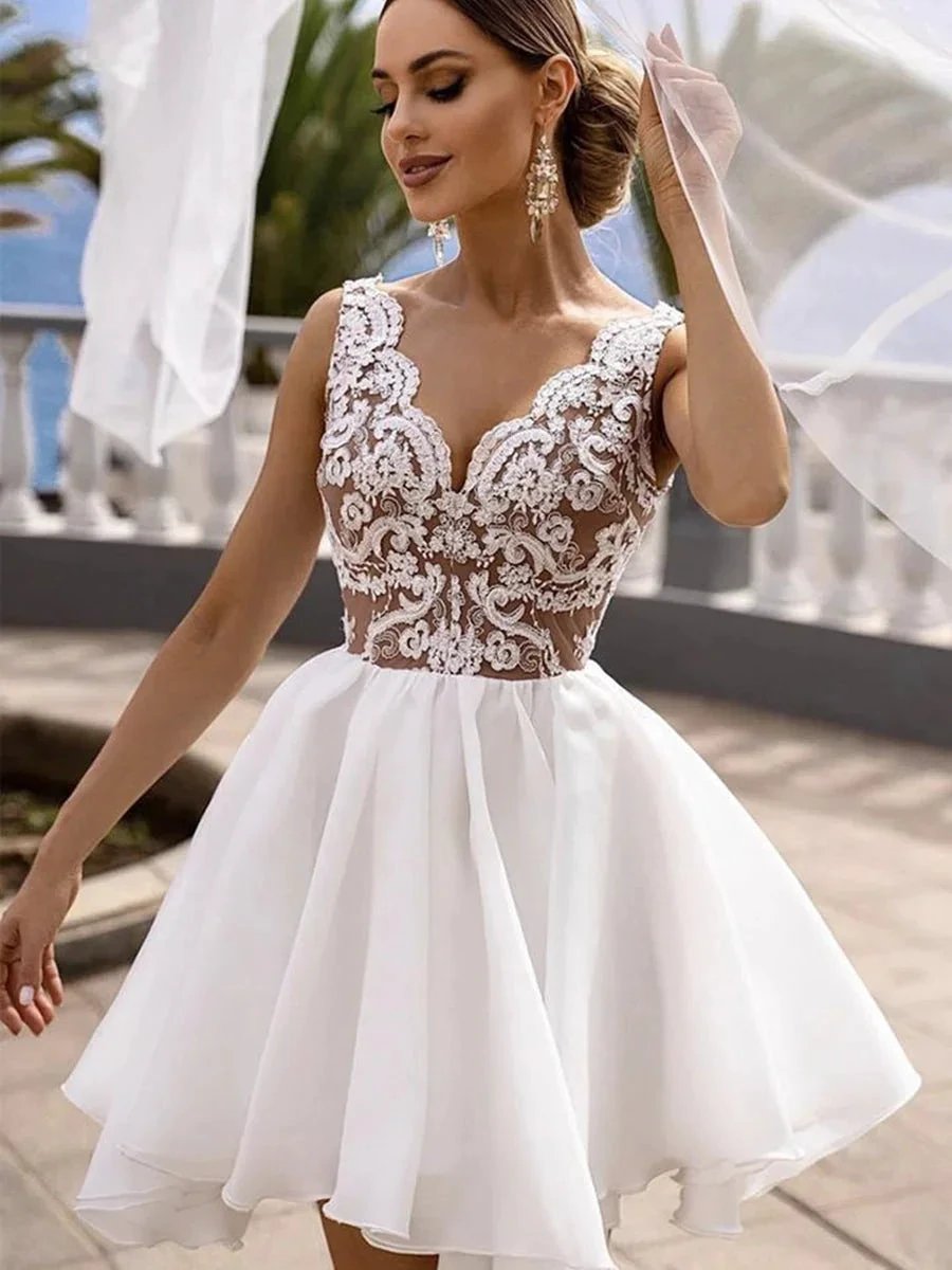 Elegant Short A Line V Neck Lace Prom Dresses White Homecoming Dress by BIZTUNNEL