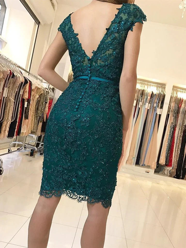 Elegant Short Sheath Lace Green V-neck Prom Dresses by BIZTUNNEL