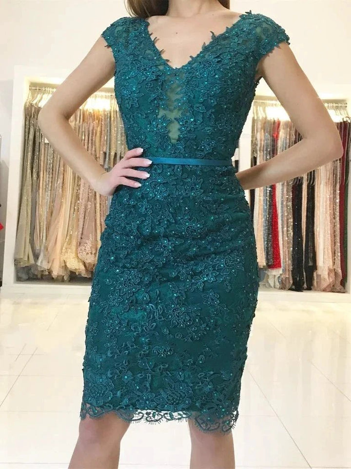 Elegant Short Sheath Lace Green V-neck Prom Dresses by BIZTUNNEL