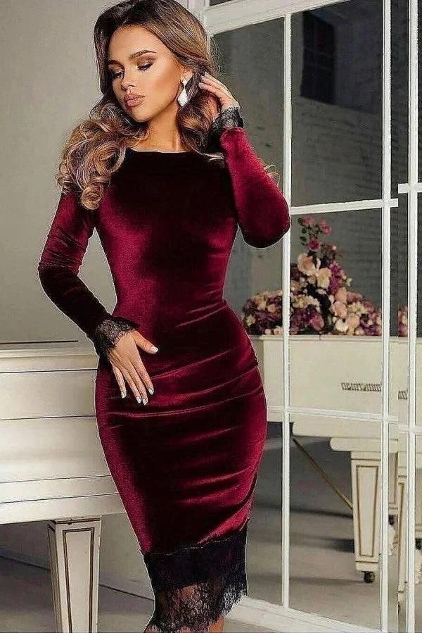 Elegant Short Velvet Mermaid Bateau Prom Dress with Sleeves by BIZTUNNEL