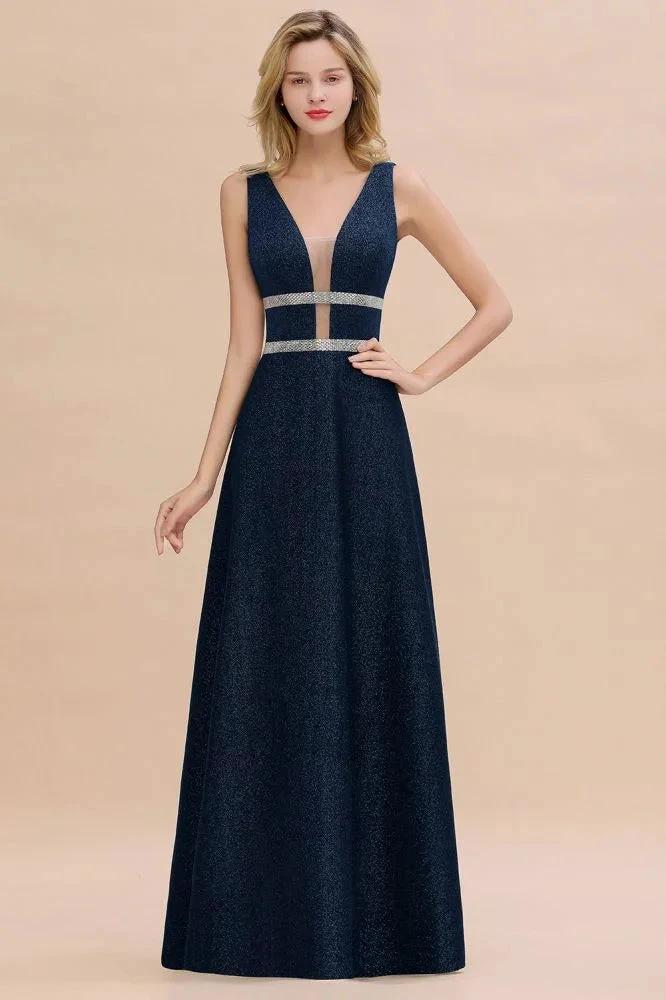 Elegant Sleeveless Aline Evening Swing Dress Bright Silk V-Neck Party Dress by misshow.com