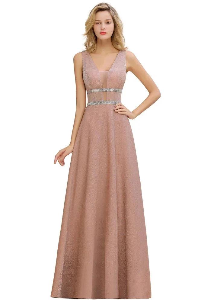 Elegant Sleeveless Aline Evening Swing Dress Bright Silk V-Neck Party Dress by misshow.com