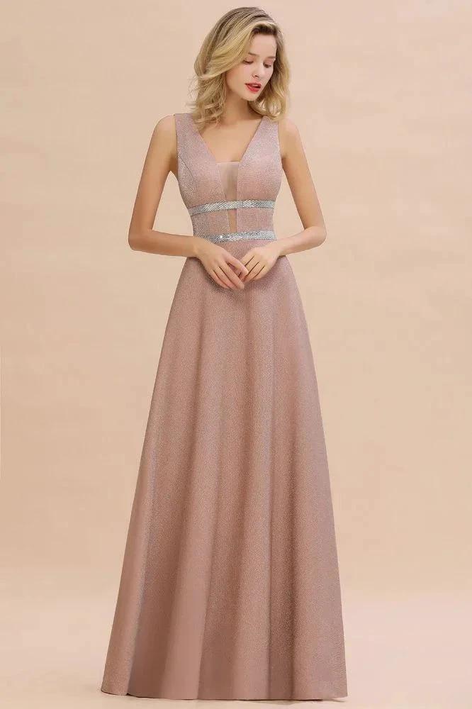 Elegant Sleeveless Aline Evening Swing Dress Bright Silk V-Neck Party Dress by misshow.com