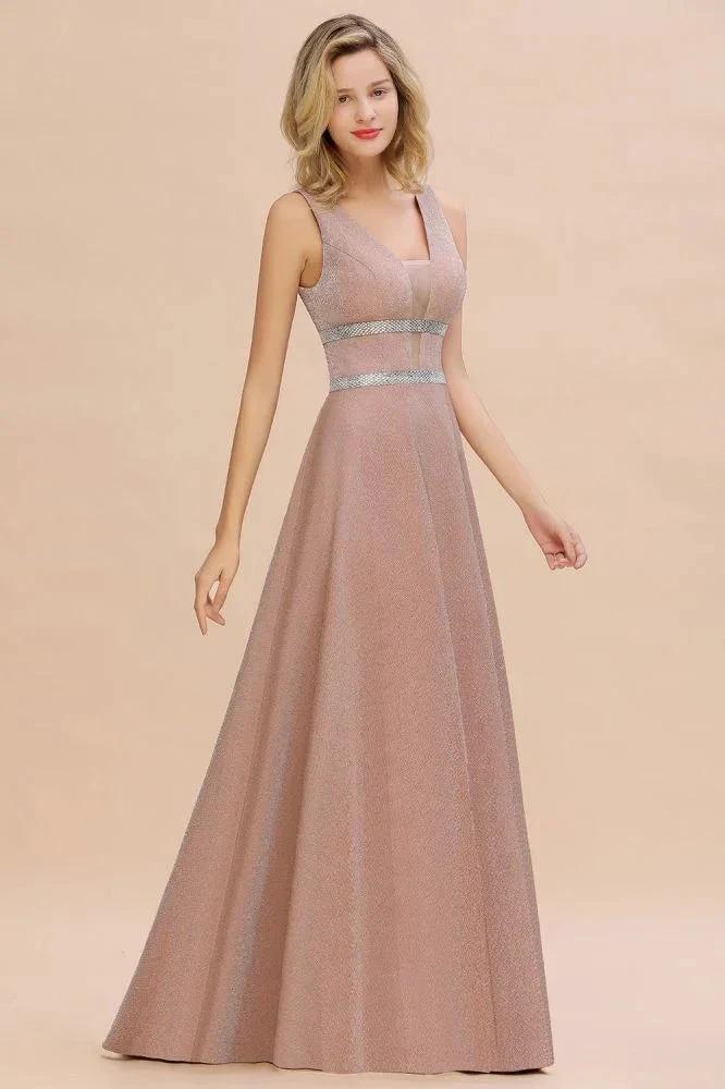 Elegant Sleeveless Aline Evening Swing Dress Bright Silk V-Neck Party Dress by misshow.com