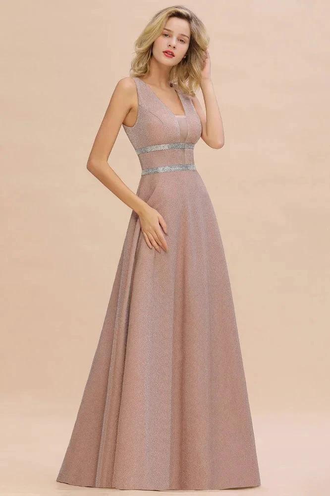 Elegant Sleeveless Aline Evening Swing Dress Bright Silk V-Neck Party Dress by misshow.com