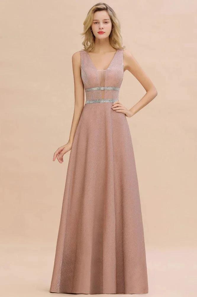Elegant Sleeveless Aline Evening Swing Dress Bright Silk V-Neck Party Dress by misshow.com