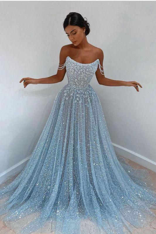 Elegant Sleeveless Blue Lace Prom Dress Long by misshow.com