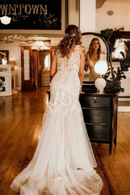 Elegant Sleeveless Straps V-neck A-Line Tulle Wedding Dress with Ruffles by misshow.com