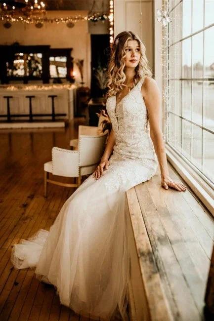 Elegant Sleeveless Straps V-neck A-Line Tulle Wedding Dress with Ruffles by misshow.com