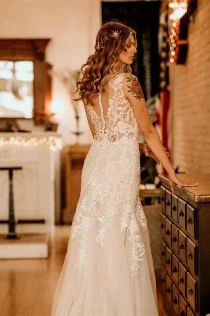 Elegant Sleeveless Straps V-neck A-Line Tulle Wedding Dress with Ruffles by misshow.com