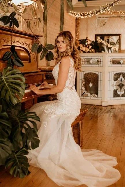 Elegant Sleeveless Straps V-neck A-Line Tulle Wedding Dress with Ruffles by misshow.com