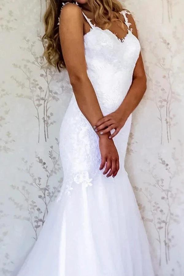 Elegant Straps Mermaid White Long Wedding Dress Bridal Gown WD209 by pgmdress