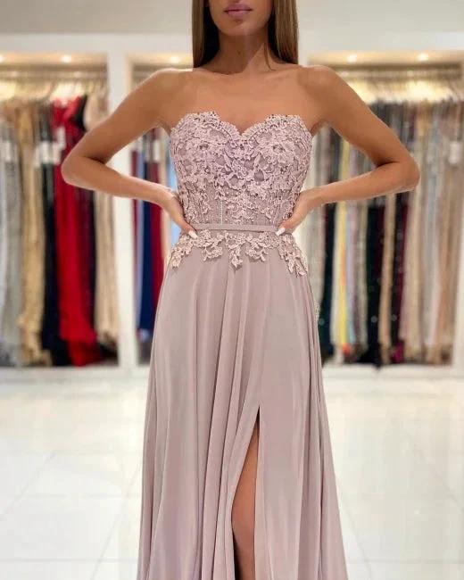 Elegant Sweetheart Appliques A-Line Ruffles Floor-length Prom Dress With Side Slit by misshow.com