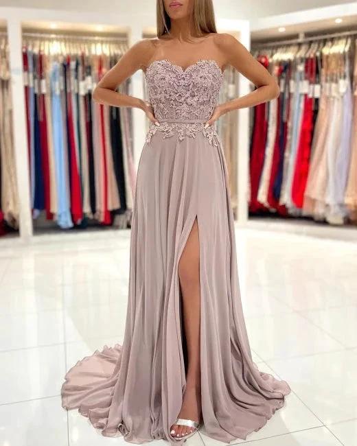 Elegant Sweetheart Appliques A-Line Ruffles Floor-length Prom Dress With Side Slit by misshow.com