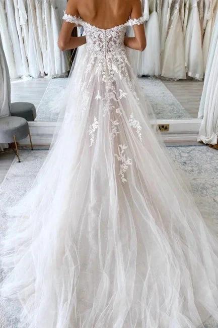 Elegant sweetheart off-the-shoulder cap sleeves a-line lace wedding dress by misshow.com
