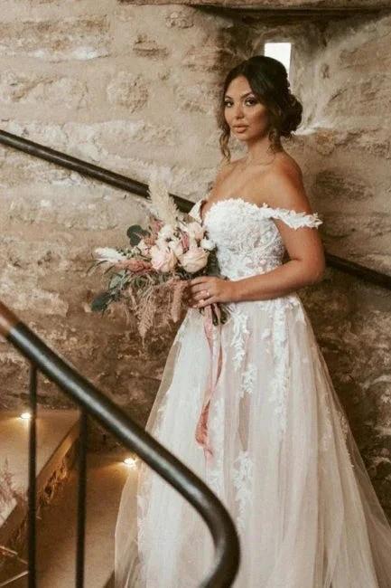 Elegant sweetheart off-the-shoulder cap sleeves a-line lace wedding dress by misshow.com