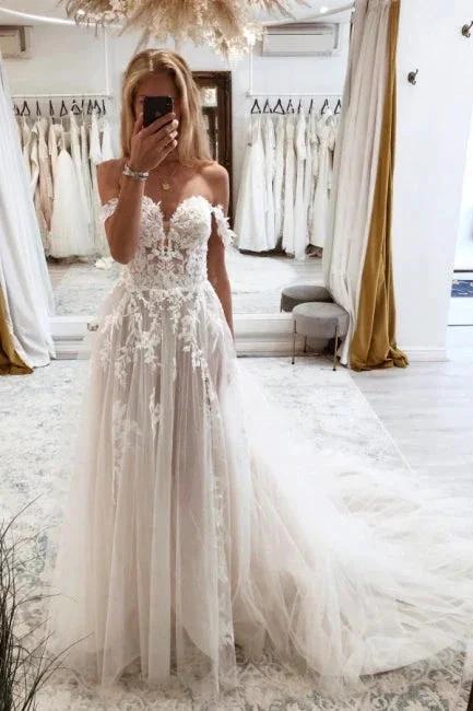 Elegant sweetheart off-the-shoulder cap sleeves a-line lace wedding dress by misshow.com