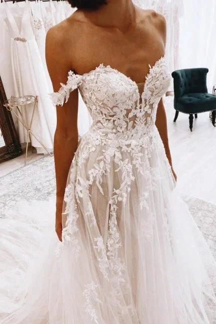 Elegant sweetheart off-the-shoulder cap sleeves a-line lace wedding dress by misshow.com