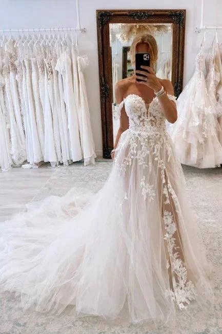 Elegant sweetheart off-the-shoulder cap sleeves a-line lace wedding dress by misshow.com