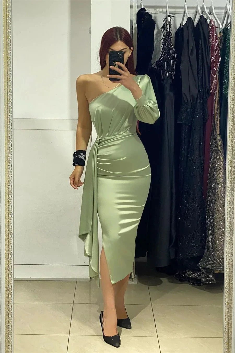 Elegant Tea Length One Shoulder Satin Column Prom Dress by misshow.com