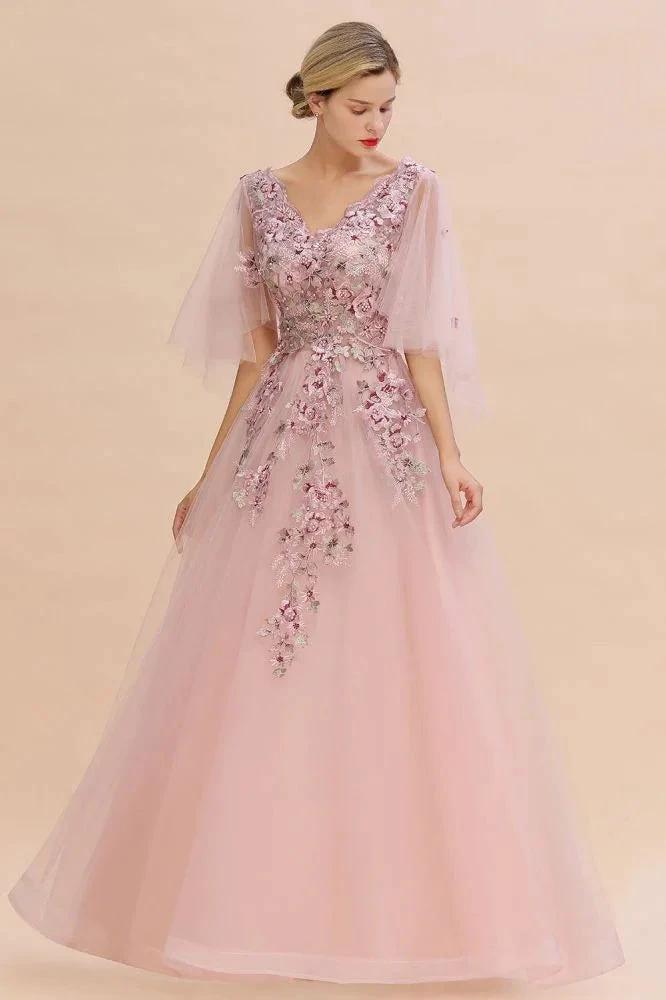 Elegant Tulle A-line Floral Wedding Dress Puffy Long Sleeves Evening Party Dress by misshow.com