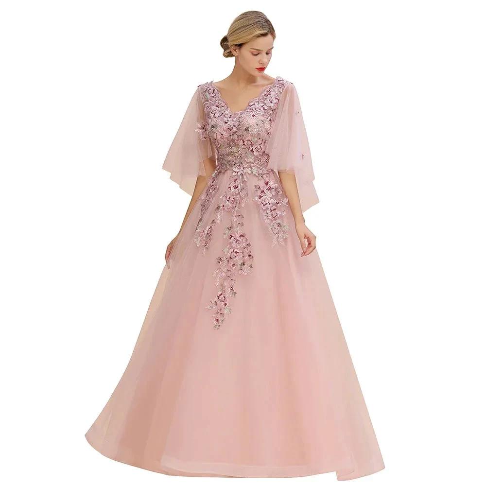 Elegant Tulle A-line Floral Wedding Dress Puffy Long Sleeves Evening Party Dress by misshow.com