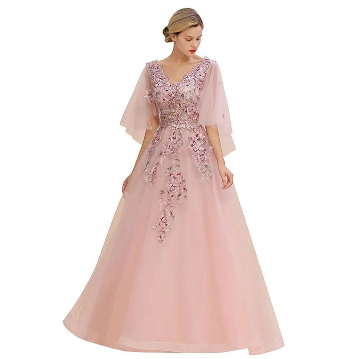 Elegant Tulle A-line Floral Wedding Dress Puffy Long Sleeves Evening Party Dress by misshow.com
