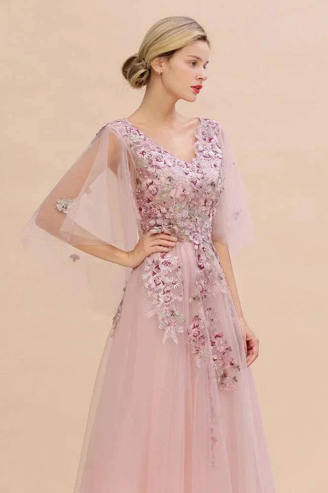 Elegant Tulle A-line Floral Wedding Dress Puffy Long Sleeves Evening Party Dress by misshow.com