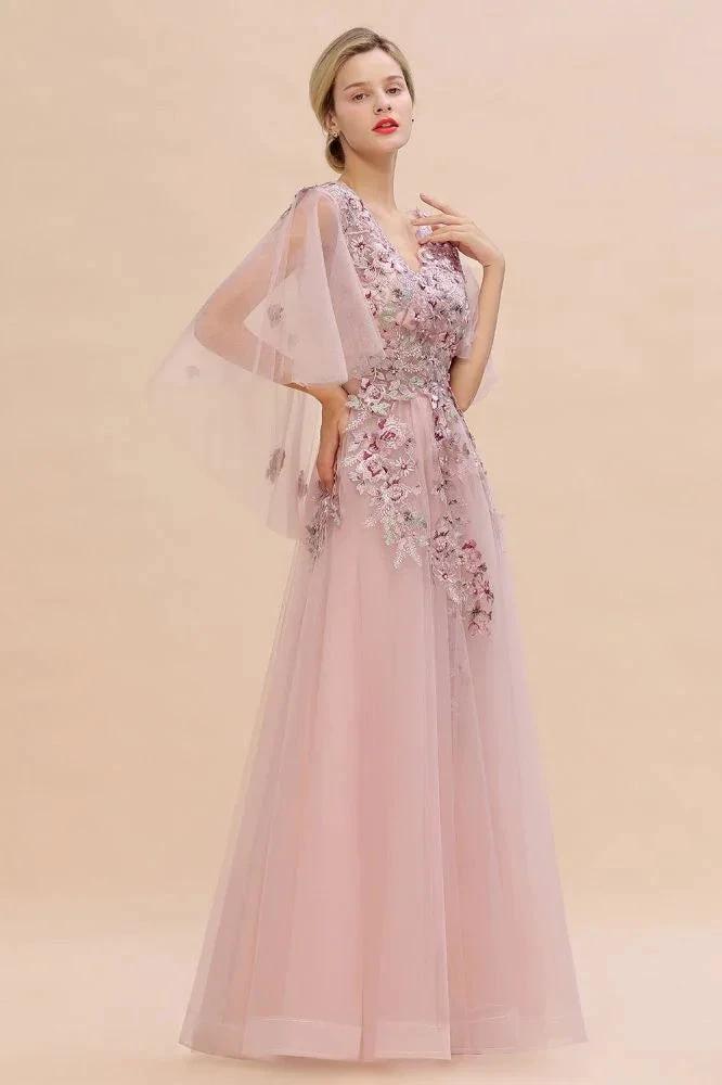 Elegant Tulle A-line Floral Wedding Dress Puffy Long Sleeves Evening Party Dress by misshow.com