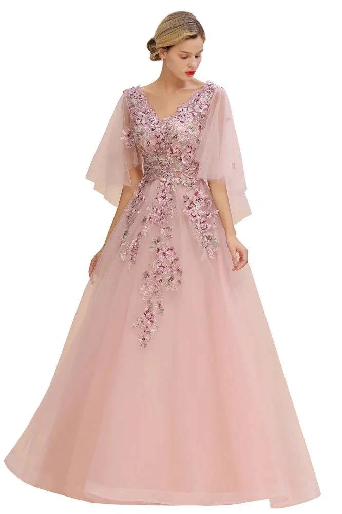 Elegant Tulle A-line Floral Wedding Dress Puffy Long Sleeves Evening Party Dress by misshow.com