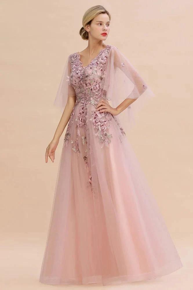 Elegant Tulle A-line Floral Wedding Dress Puffy Long Sleeves Evening Party Dress by misshow.com
