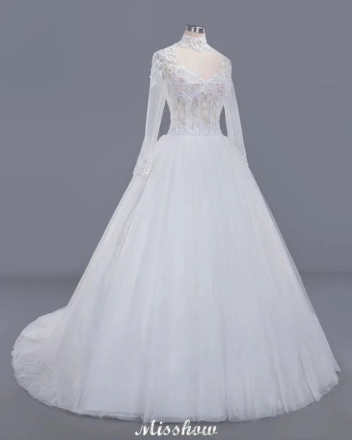 Elegant Tulle Lace Ball Gown High Neck Long Sleeves Floor Length Wedding Dress by misshow.com