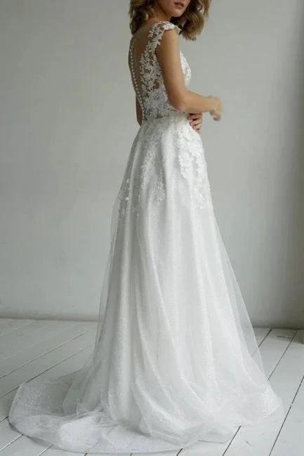 Elegant V-Neck A-Line Sleeveless Wedding Dresses With Lace by misshow.com