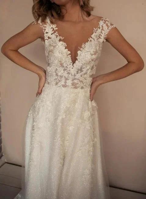 Elegant V-Neck A-Line Sleeveless Wedding Dresses With Lace by misshow.com