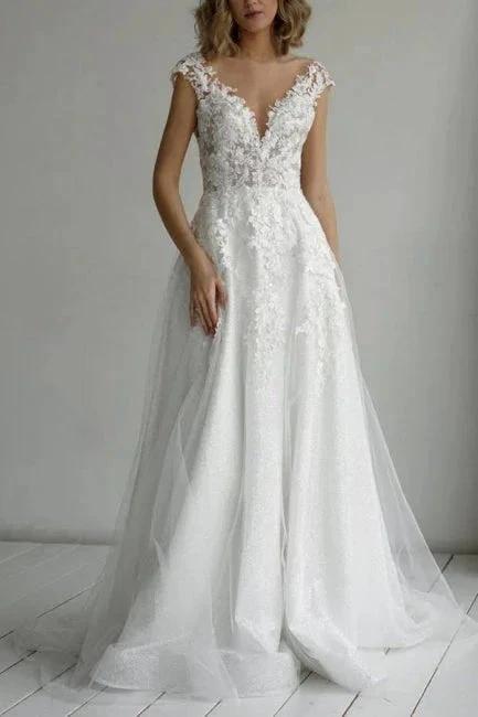 Elegant V-Neck A-Line Sleeveless Wedding Dresses With Lace by misshow.com