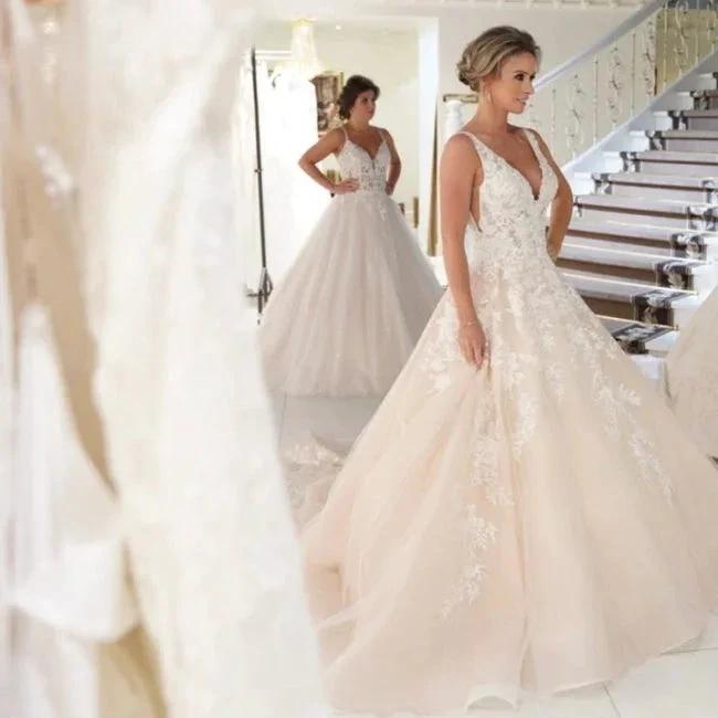 Elegant V-Neck A-line Wedding Dresses with Lace by misshow.com