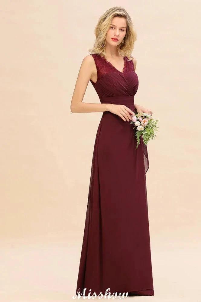 Elegant V-Neck aline Bridesmaid Dress Burgundy Backless Chiffon Party Dress by misshow.com
